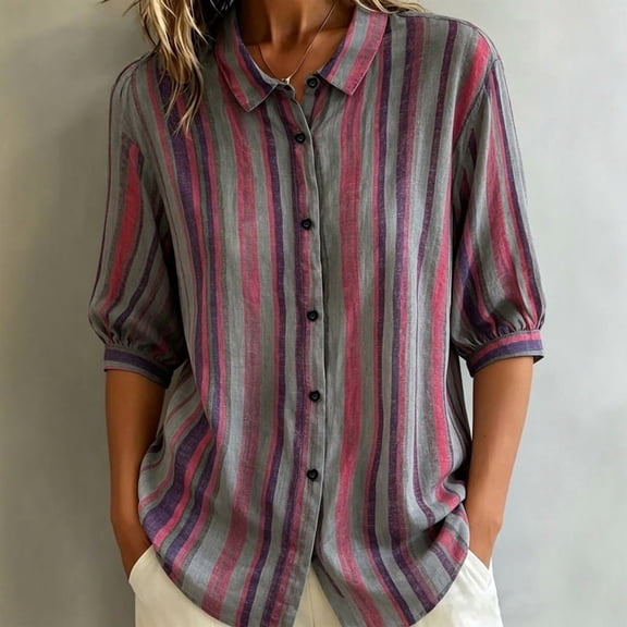 Morttic Women's Striped Lapel Collar Button Down Shirt – Collared Puff 3/4 Sleeve Blouse, Casual Loose Summer Top Purple,S