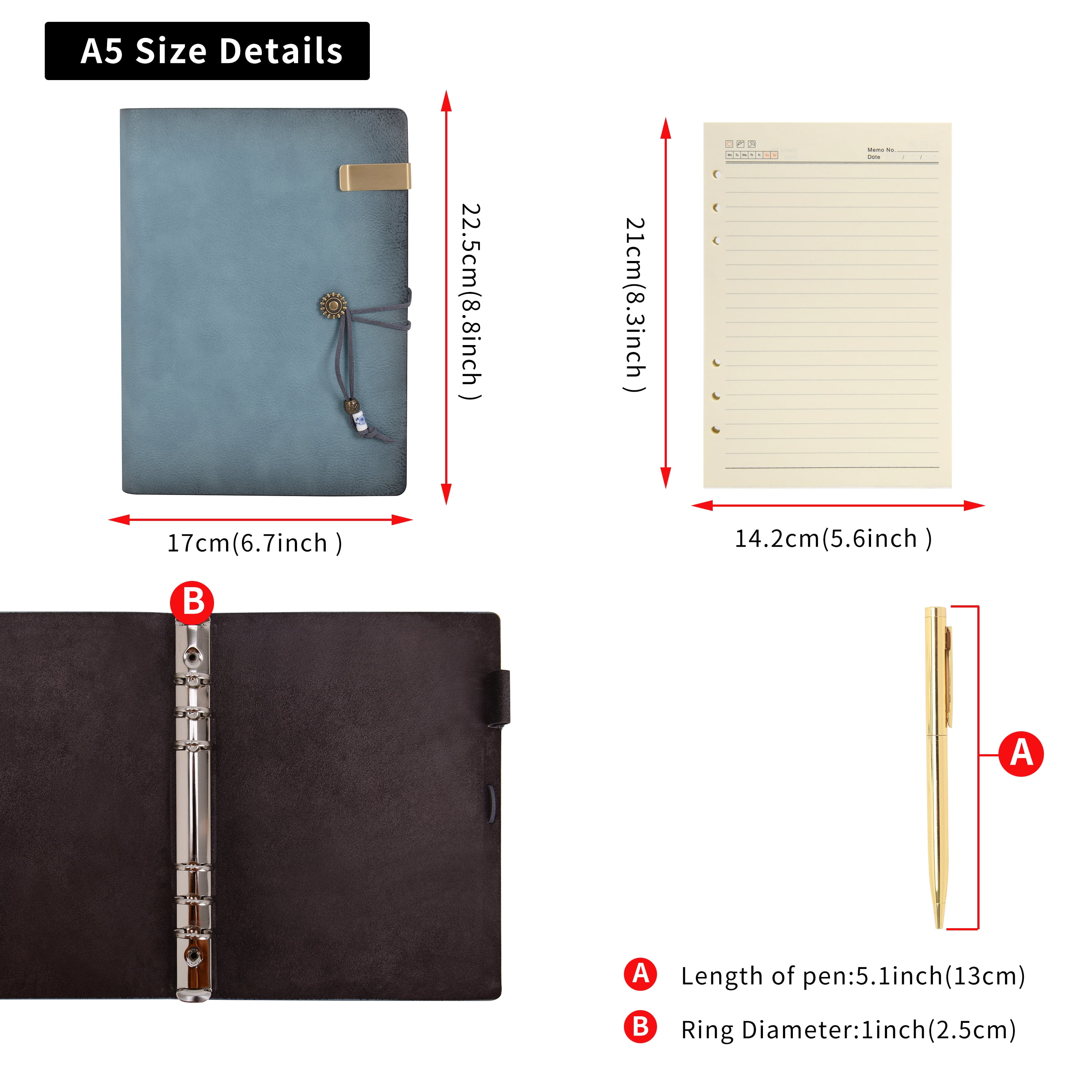 Wonderpool Leather Journal A5 Refillable 6 Ring Binder Notebook with Lined Paper and Pen,Writing Diary with Ruled Notepads Vintage Cover (A5, a-Cyan)