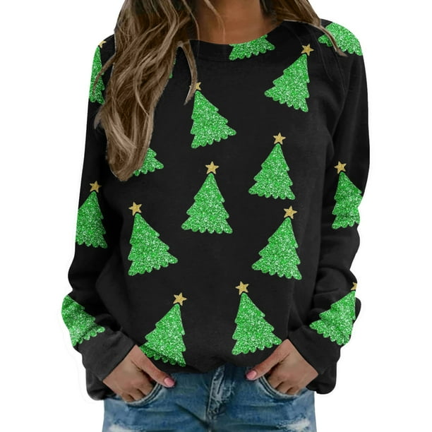 Gibobby Sudadera navideña mujer Sudadera con cuello redondo y estampado de Navidad para mujer, camisetas informales de manga larga para entrenamiento(Verde,XG)