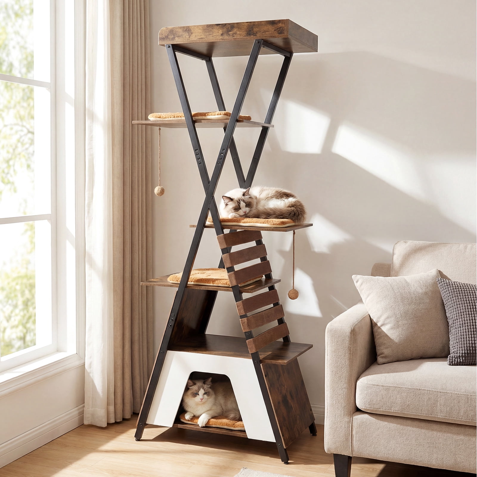 Costway 73" Wooden Multi-level Cat Tower with Elevated Perch, Large Condo, Dangling Balls Rustic Brown + Brown