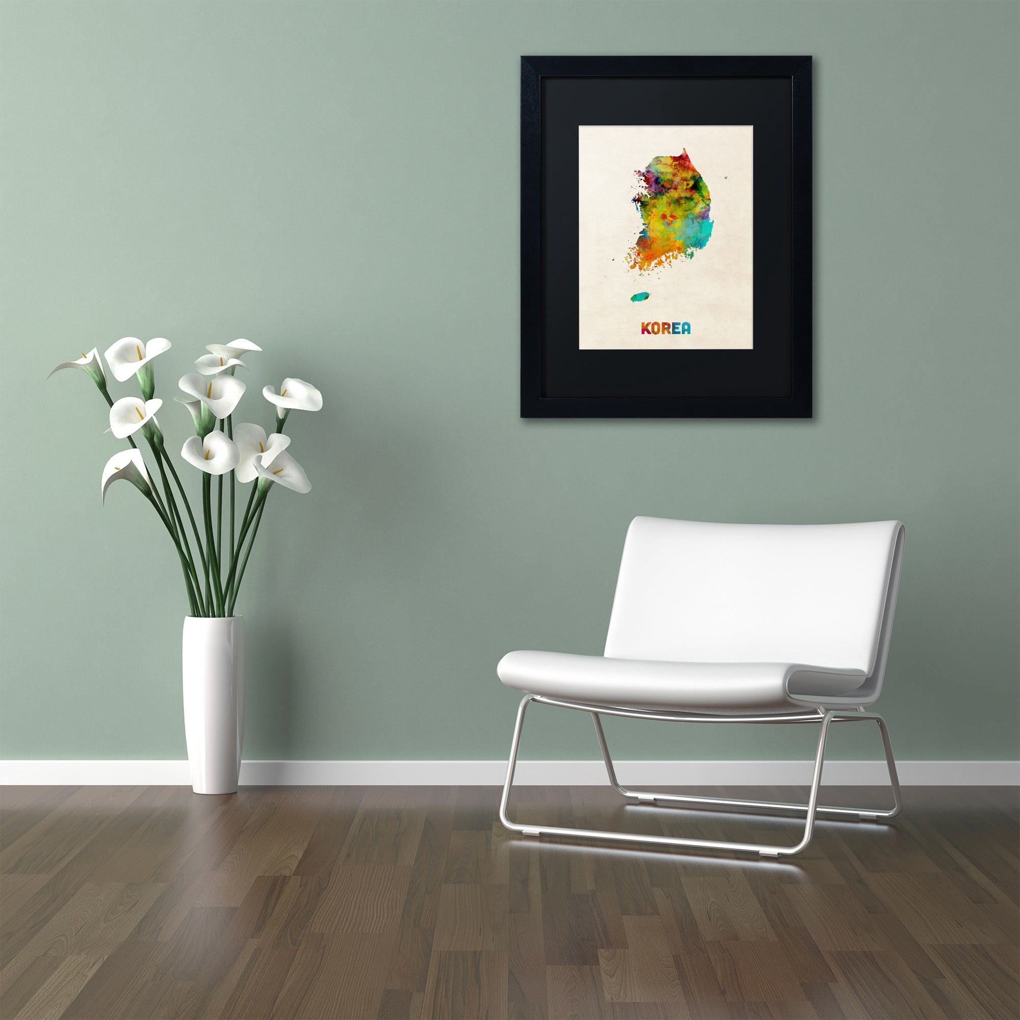 Trademark Fine Art ''Korea Watercolor Map'' by Michael Tompsett 16" x 20" Black Matted Black Frame (MT0736-B1620BMF)