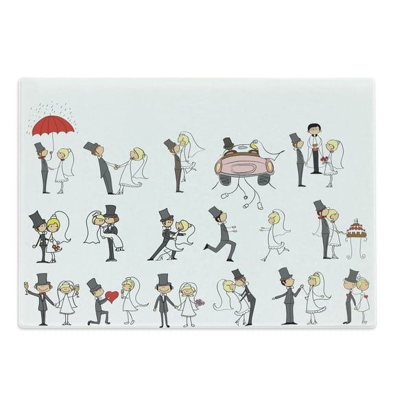 Wedding Cutting Board, Wedding Themed Caricatures Funny and Happy Valentines Cartoon Style Celebration, Decorative Tempered Glass Cutting and Serving Board, Large Size, Multicolor, by Ambesonne