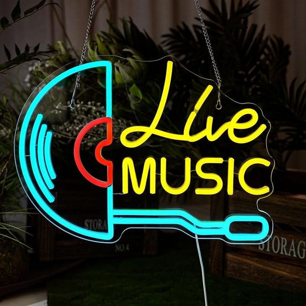 Letrero de neón de música en vivo, retro, reproductor de discos de vinilo, letrero de neón con luz LED, letrero de grabación grande para decoración de pared, sala de música, estudio, aula, bar de