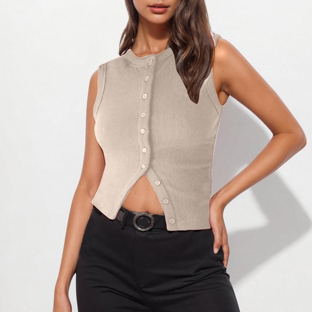 Soki Womens Sleeveless Vest Shirt Round Neck Button Tank Tops