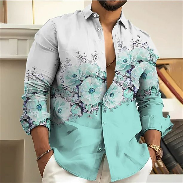 Camisa de hombre de moda con estampado floral 3D rosa azul morado y gris ropa de calle de manga larga para exteriores diseñador informal