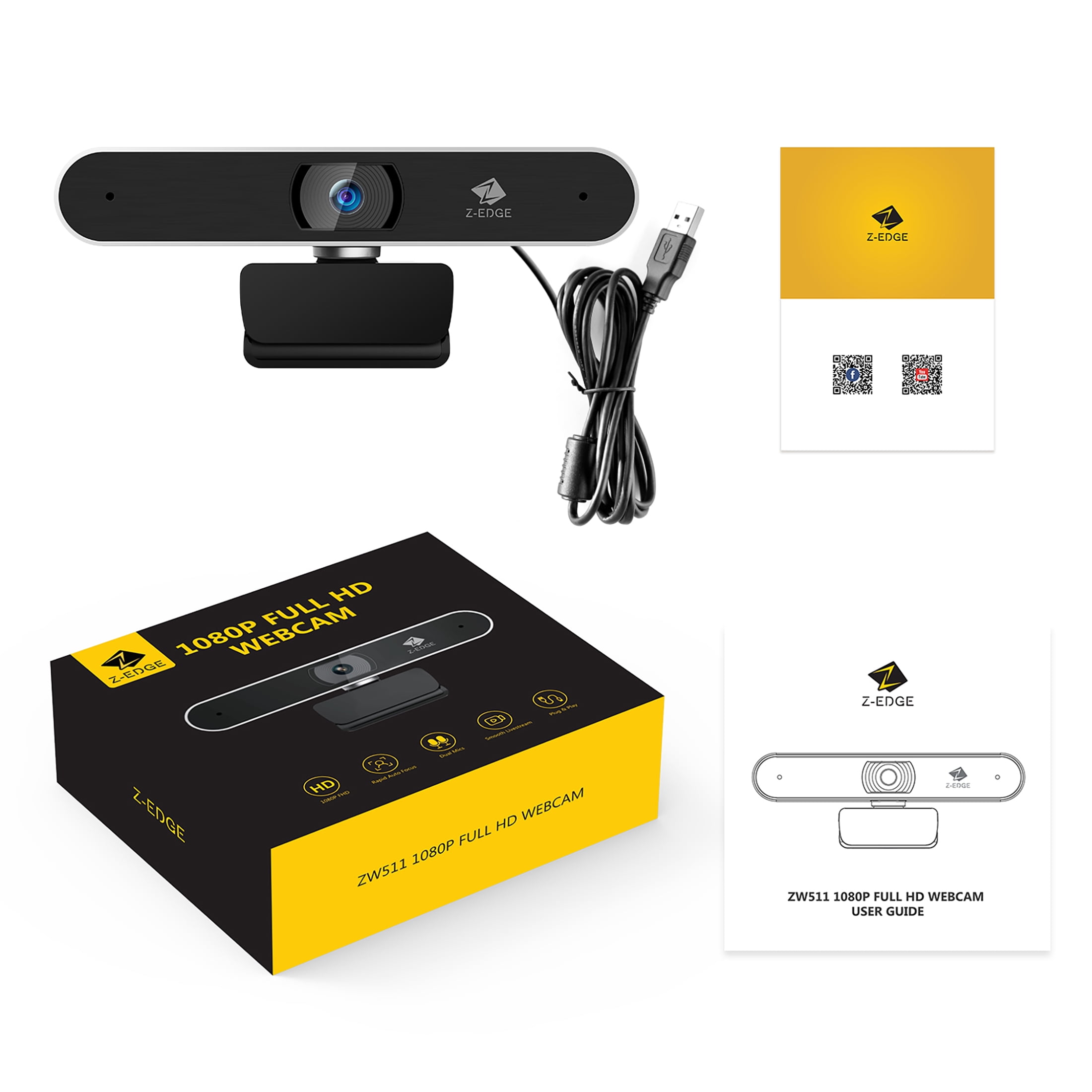 Z-EDGE ZW511 Full HD 1080P Webcam Auto Focus Web Camera for PC/Desktop/Laptop, Built-in Dual Stereo Microphone, Plug & Play, Compatible with Windows/Android/MAC OS