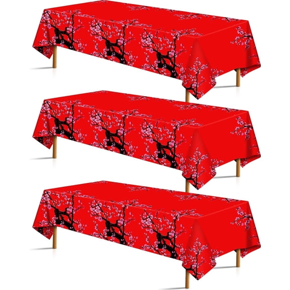Plastic Tablecloth Set, Cherry Blossom Floral Disposable Table Covers, 3 Pack 108 X 54 Inch, Chinese Japanese Style for Hibachi Party, Wedding, Spring Festival, Pink