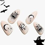 GLAMERMAID Medium Almond Press on Nails, Nude Gothic Emo Fake Nails with Snake Moon Stars GLAMERMAID, Short Oval Glue on Nail Gel for Women, Acrylic False Nail Kits Stick on Nails Full Cover Nails