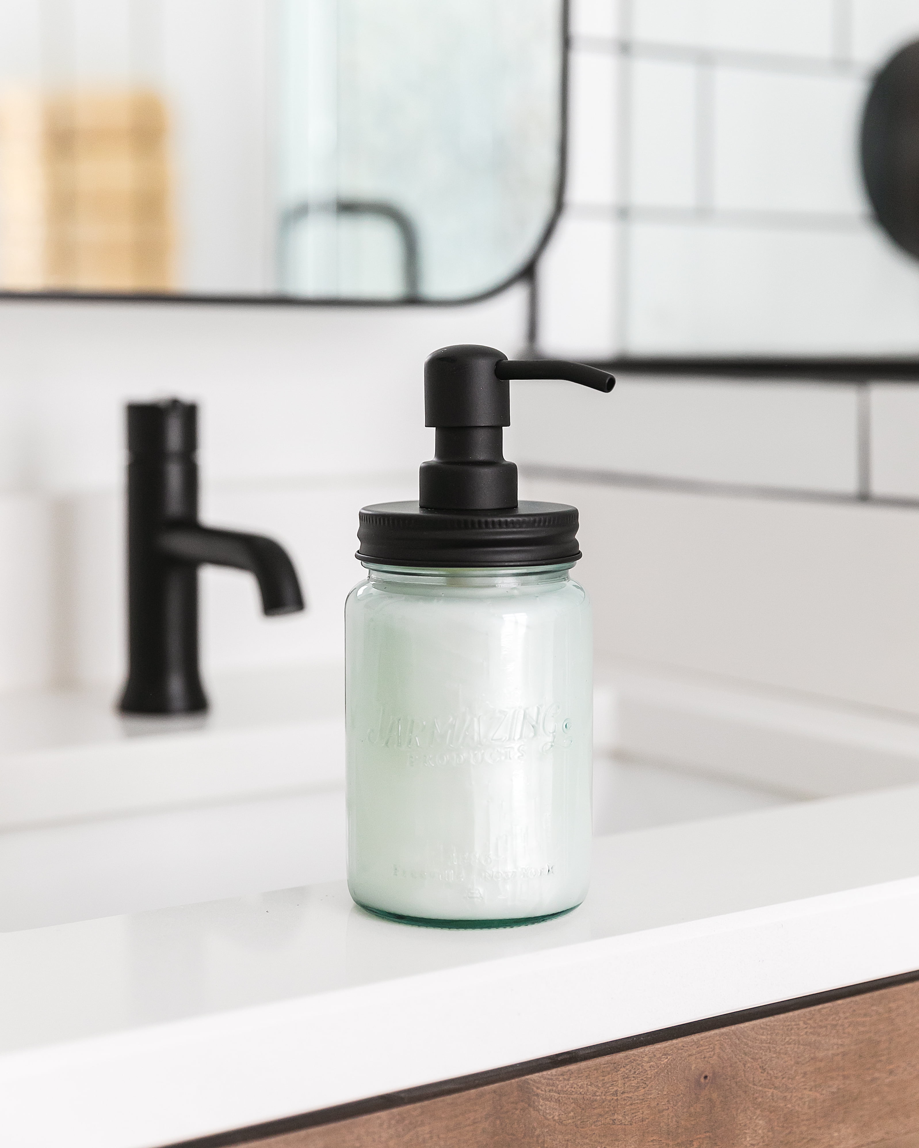 Jarmazing Products Vintage Blue Glass Mason Jar Soap and Lotion Dispenser - Two-Pack - Black