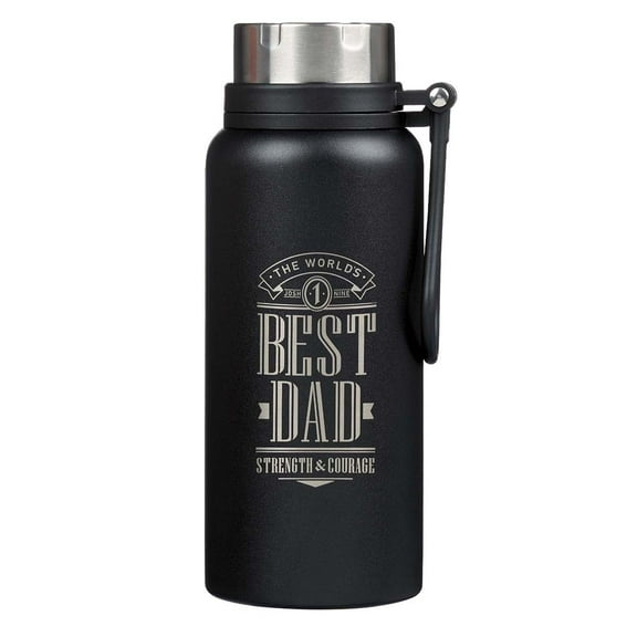 Christian Art Gifts World's Best Dad Strength & Courage Joshua 1:9 Laser Engraved Black Stainless Steel Double Wall Vacuum Insulated Water Bottle w/Carry Handle Strap Lid for Fathers, Hot/Cold, 32 oz.