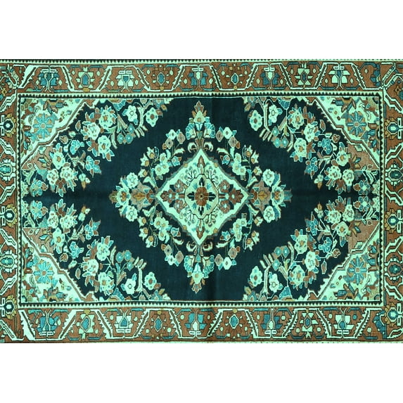 Ahgly Company Machine Washable Indoor Rectangle Medallion Turquoise Blue Traditional Area Rugs, 2' x 5'