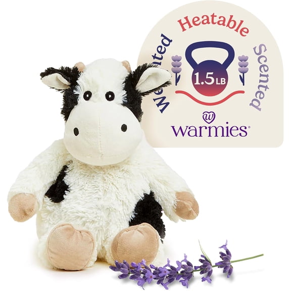 Warmies 13” Black and White Cow Stuffed Animal, Microwavable Heated Plushies and Weighted Soft Plush Toys