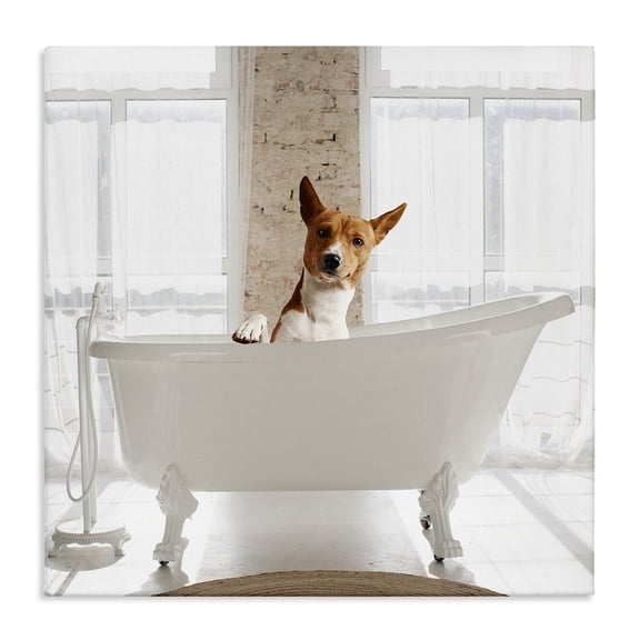 Stupell Industries Happy Dog in Bathroom Tub Animals Painting Wrapped Canvas Canvas Art Print Wall Art, 17 x 17