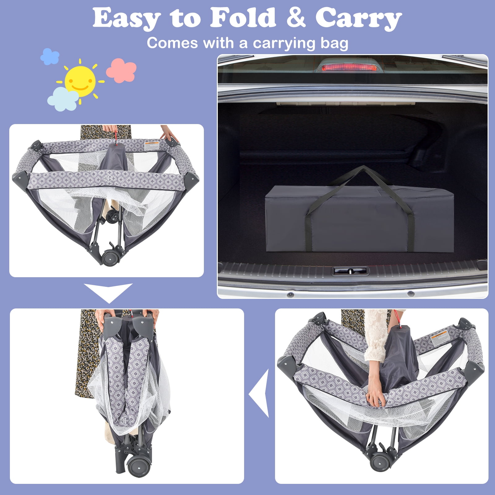 INFANS 3 in 1 Pack and Play, Portable Travel Baby Crib Bassinet with Detachable Mattress, Newborn Changing Table, Foldable Playpen with Carry Bag and 2 Wheels