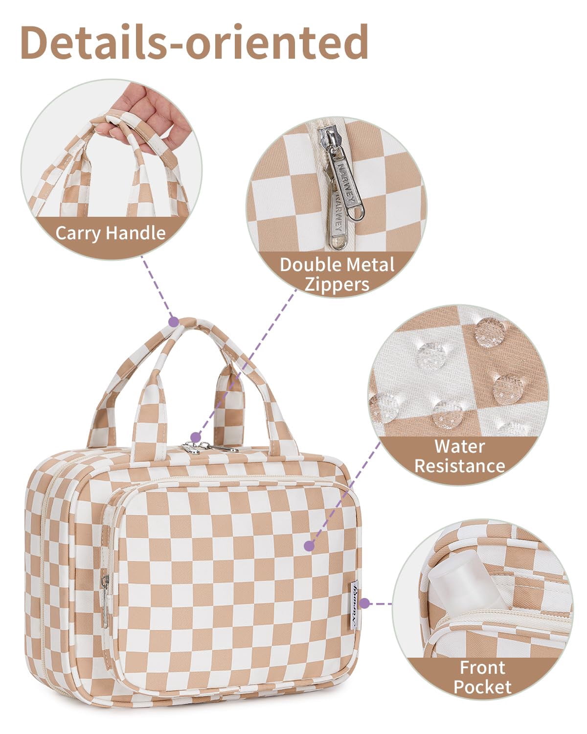 Checkerboard Hanging Travel Toiletry Bag with Hook, Makeup Bags for Women Cosmetic Organizer Toiletries for Brush Shampoo Travel Essentials, Brown