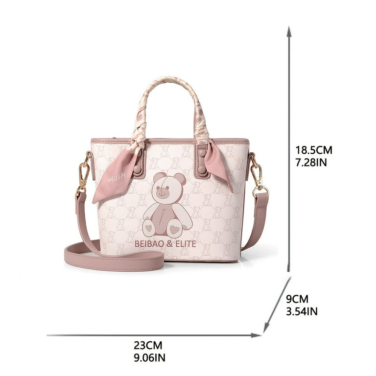 Twilly Scarf Shoulder Bag, Top Handle Bag With Bear Patterm, Pink
