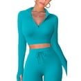 thumbnail image 3 of Women Workout Sets Yoga Outfits, Long Sleeve Zip Top + High Waisted Running Pants Gym Clothes Tracksuit, 2-Piece, 3 of 6
