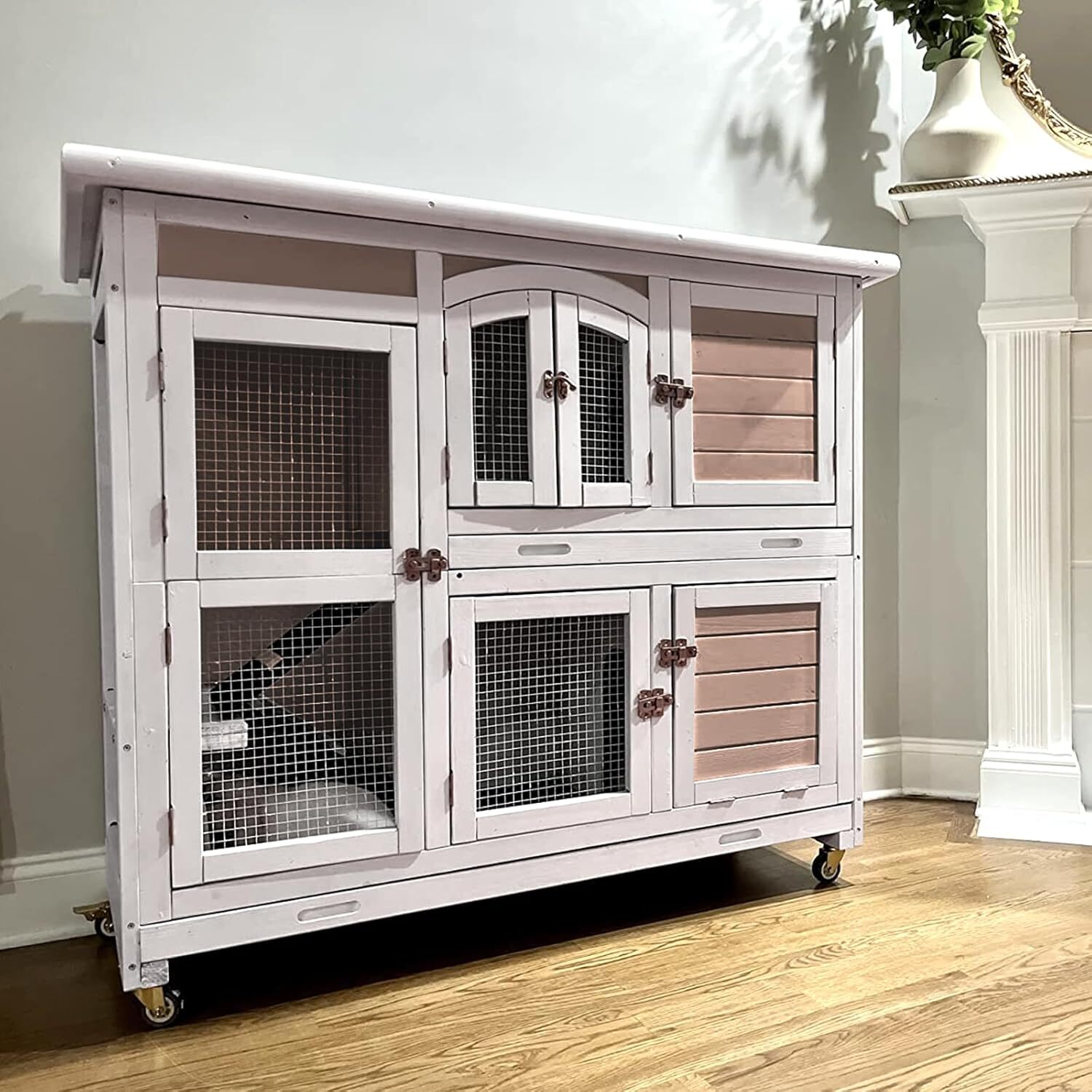 MEDEHOO Rabbit Hutch Indoor and Outdoor Bunny Cage with Wheels Hamster House Guinea Pig Cages for Small to Medium Animals Waterproof Leakproof Tray brown