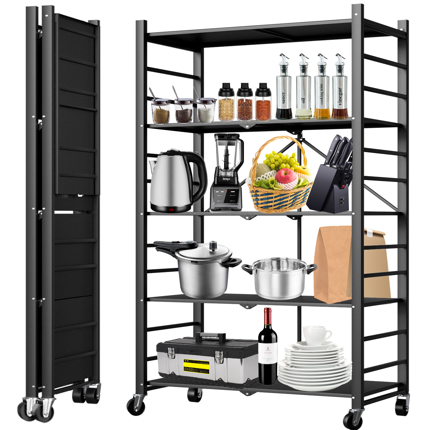 Musment 5-Tier Foldable Metal Shelving Unit, 50.4"W x 16.2"D x 4.4"H, Holds up to 250 lbs Capacity, Black