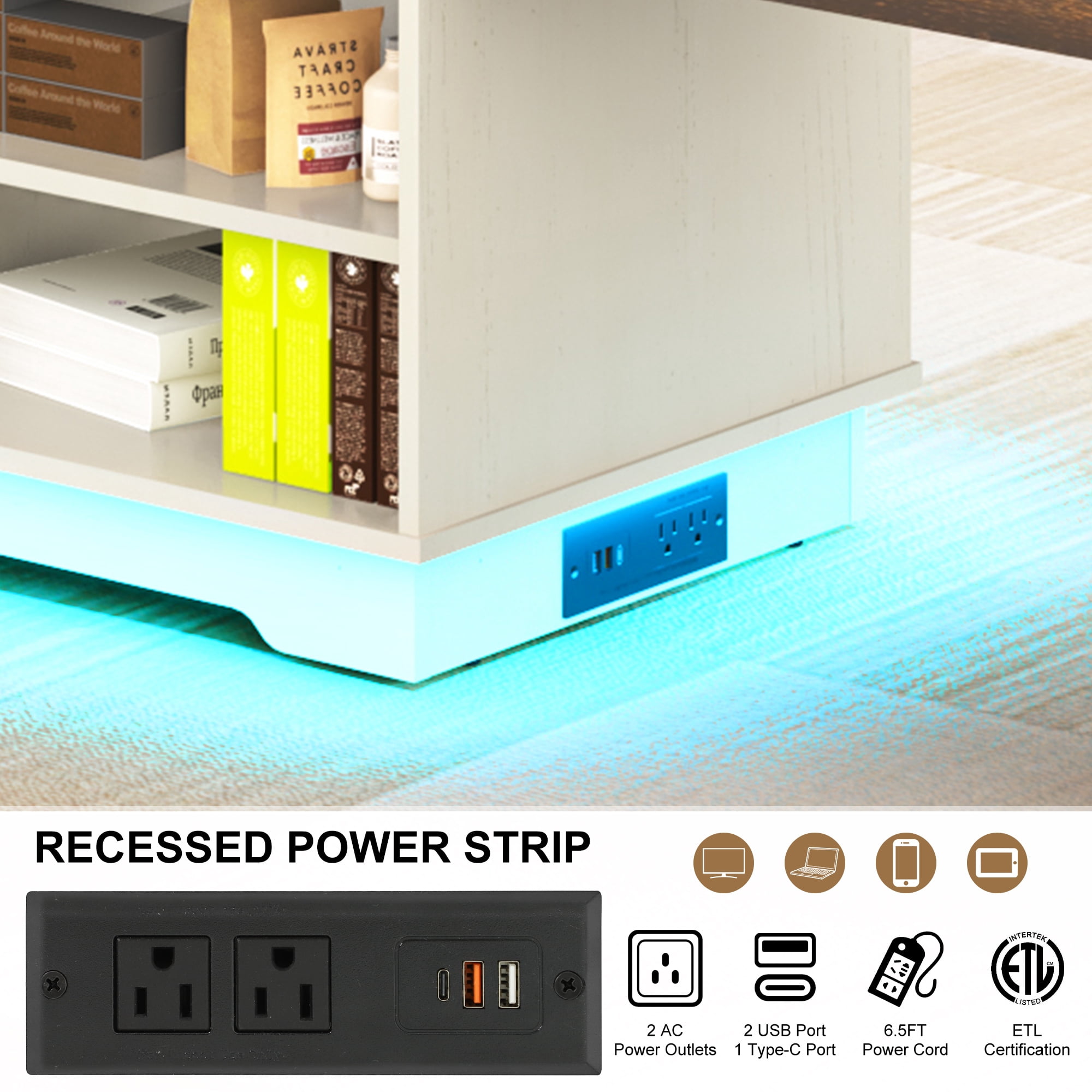 ANPOO 90°/180° Rotating Lift Top Coffee Table W/ LED Lights & Power Outlets, 57"-90" Extendable Farmhouse Coffee Table with Hidden Storage, L-Shaped Coffee Table for Living Room, Vintage White