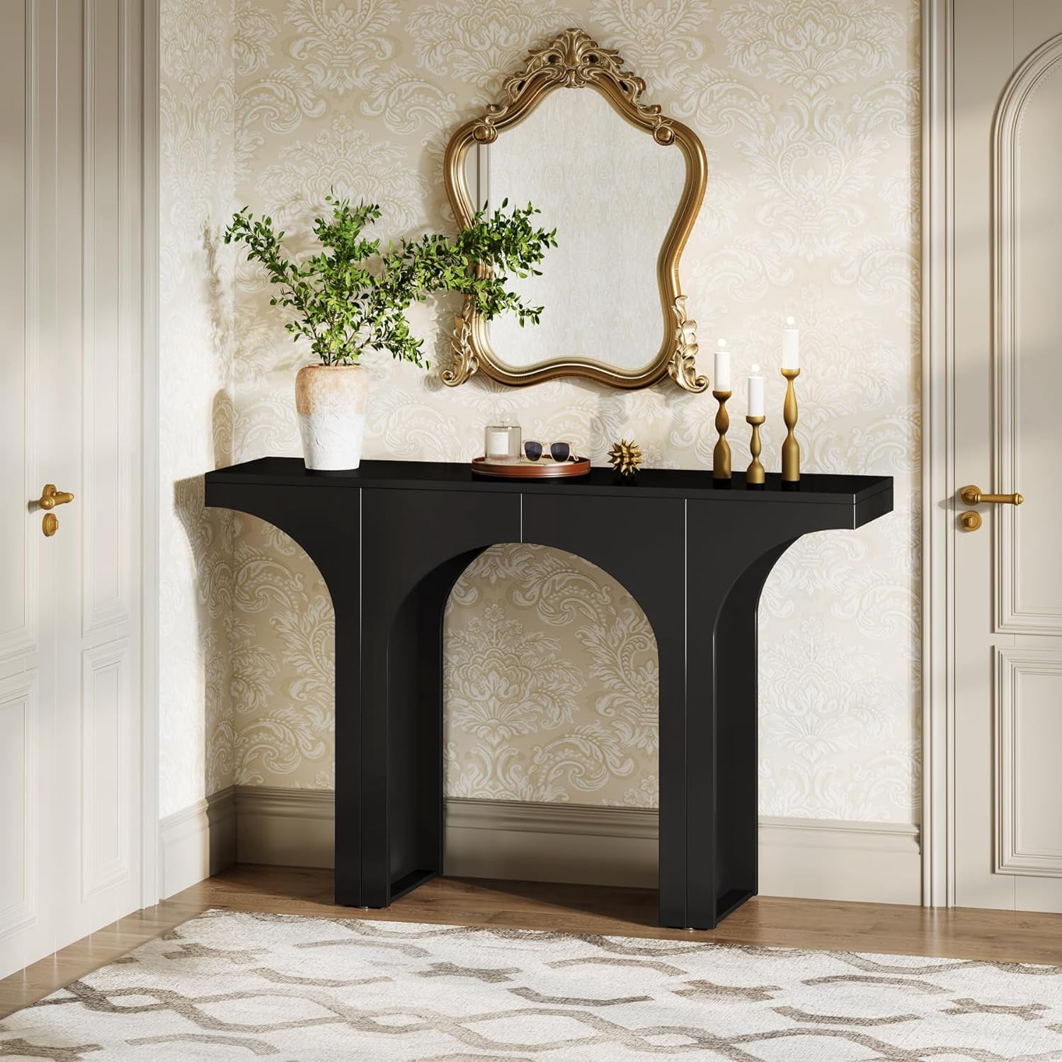 Finmind 47" Modern Hallway Console Table, Arch Base, Wood Entryway Table, Black