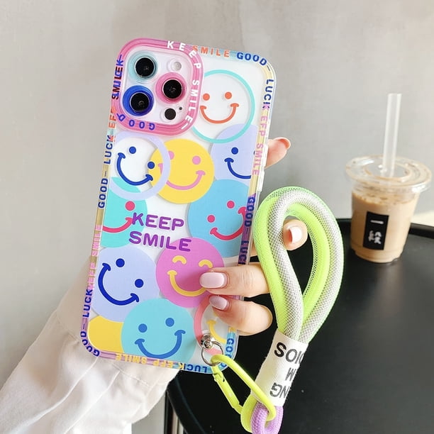 Linda funda de teléfono con letras fluorescentes para iPhone 13 Pro Max 11 12 14 Pro Xs Max Xr X 7 8 Plus correa de mano cuerda corta cubierta de TPU suave Tan Jianjun unisex