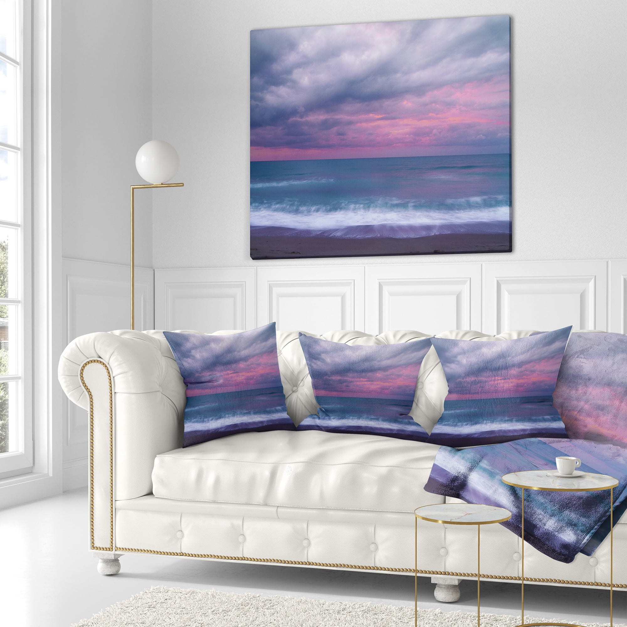 Designart Blue and Pink Unset over Sea - Seashore Throw Pillow - 18x18