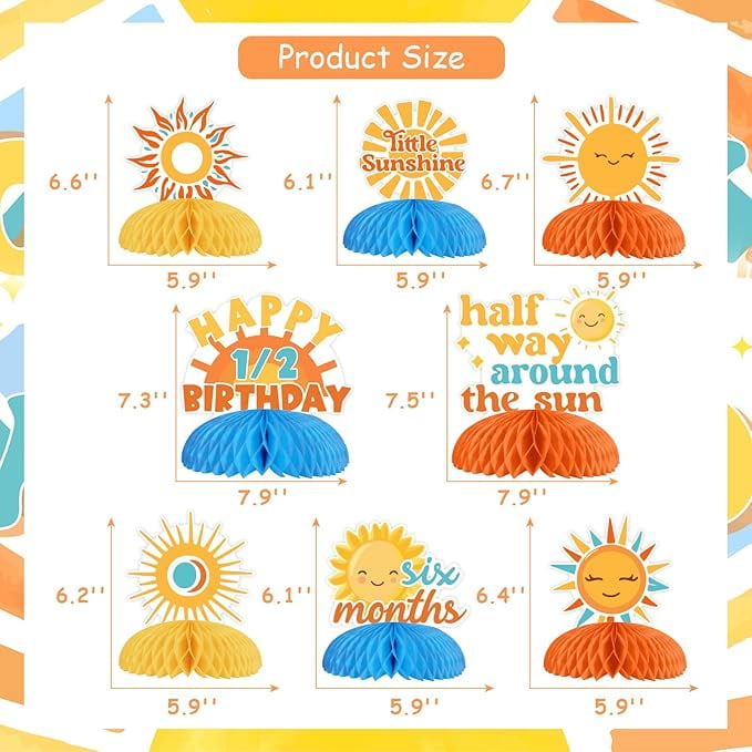 8 Pieces Sun Honeycomb Centerpieces, Half Way Around The Sun Table Toppers Decorations, Boho Sun Themed 6 Months 1/2 Birthday Baby Shower Party Supplies