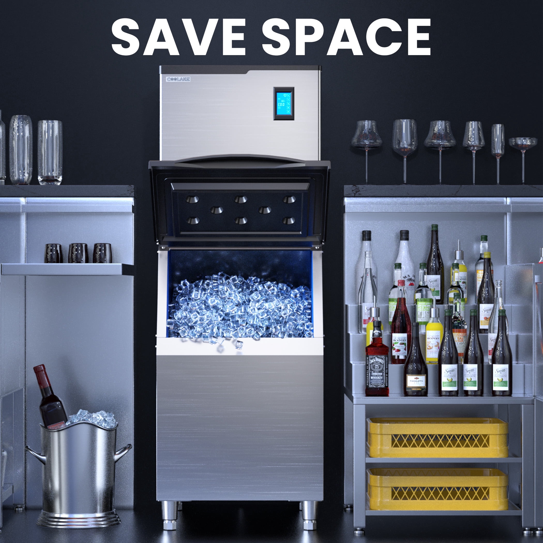 Coolake 22" 450lbs Commercial Cube Ice Maker, 360lbs Storage, Stainless Steel, Antiscaling Filter