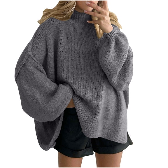 Npasoilc Sweaters for Women Oversized Long Puff Sleeve Turtleneck Pullover Tops Fall Winter Chunky Warm Sweaters Casual Loose Knitted Sweaters