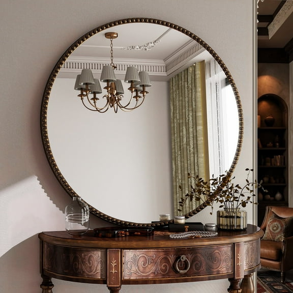 BEAUTYPEAK Miroir Rond Vintage Grand de 28 Pouces, Miroir Décoratif pour Salle de Bain, Bronze Antique
