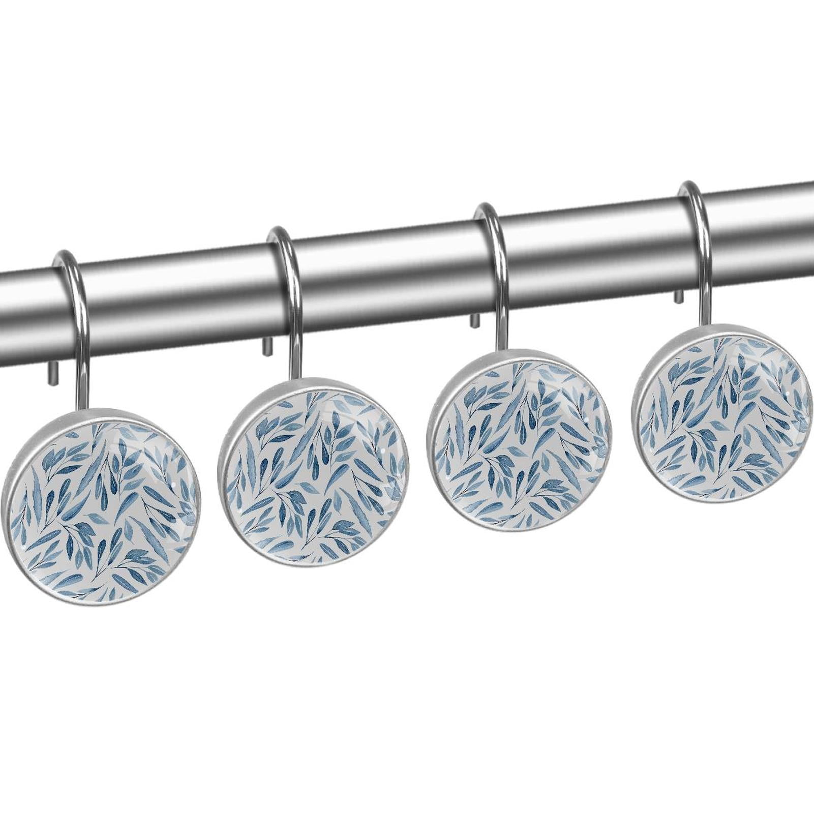 Blue Branches Leaves Shower Curtain Hooks（Set of 12）for Home Hotel Shower Rods Bathroom Crystal Glass Print Stainless Steel Round Curtain Hooks