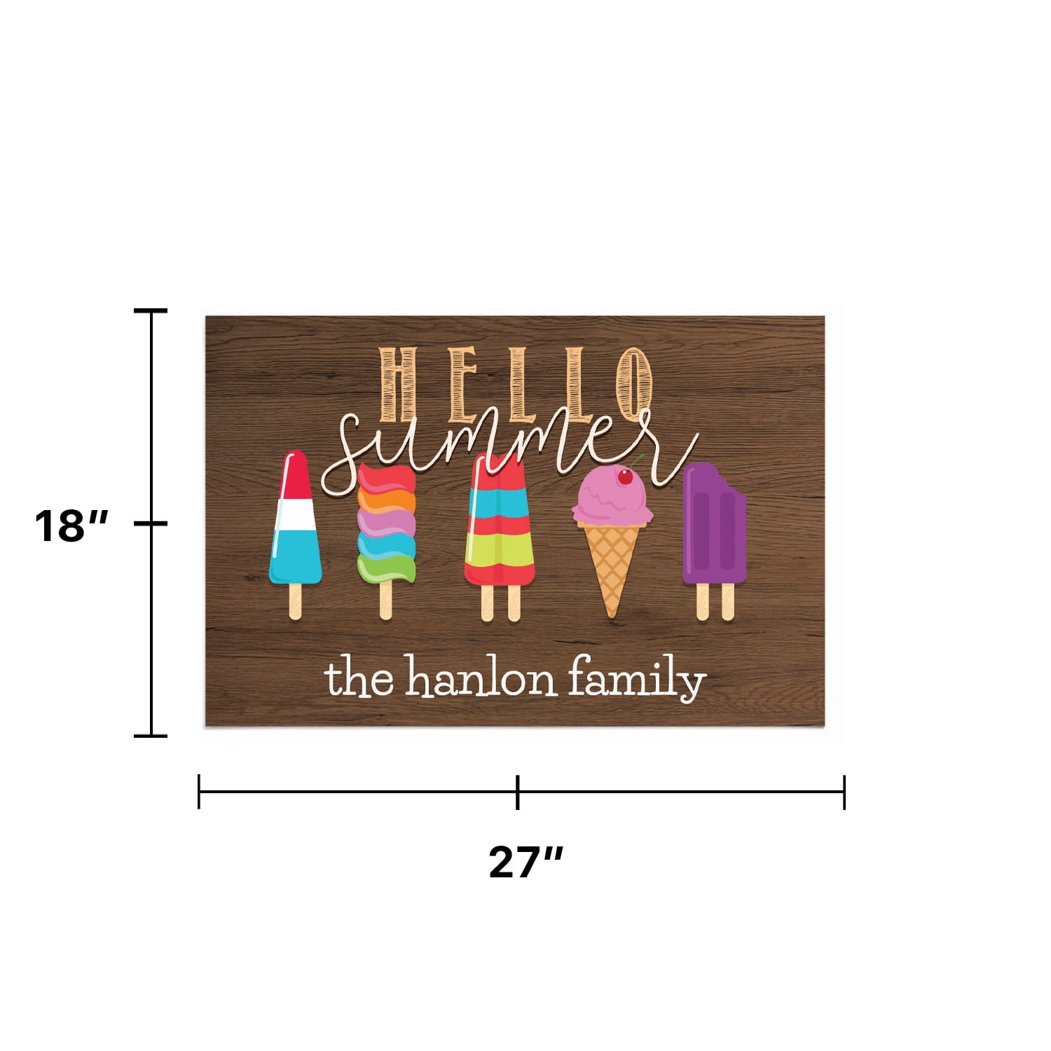 Personalized Planet 27x18 Hello Summer Ice Cream Doormat with Custom Family Name Printed on Brown Rectangular 1/8” Thick Non Slip Mat for Kitchen Hallway Deck or Porch