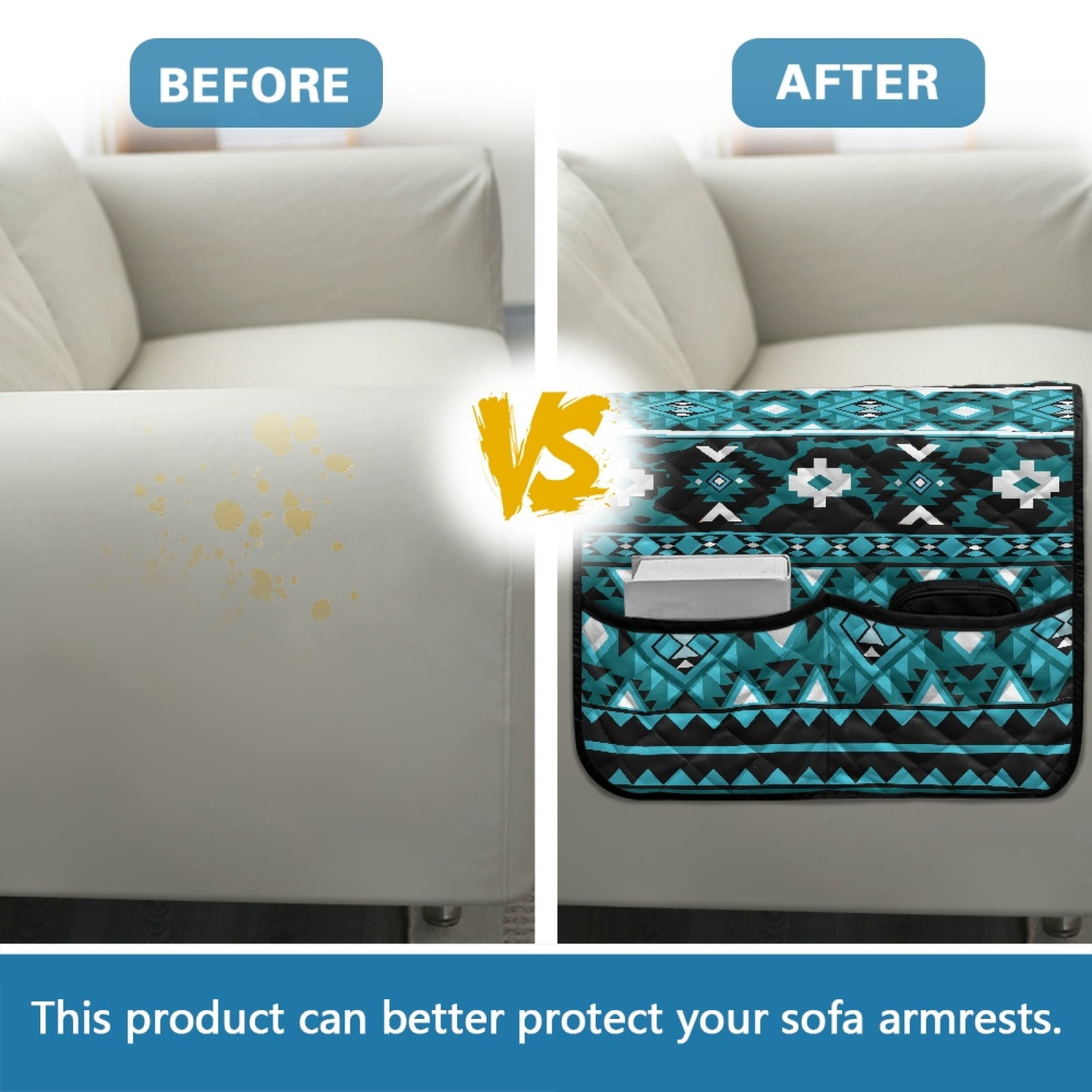 TSOVTHRID Blue Aztec Tribal Geometric Print Arm Rest Cover for Sofa with 2 Pockets Dustproof Chairs Arm Covers Anti-scratch Furniture Protector for Pet Dog Cats Easy to Install