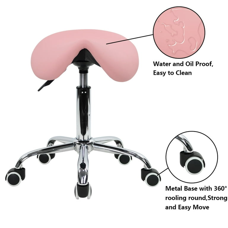 KKTONER Rolling Saddle Stool PU Leather Swivel Adjustable Rolling Stool with Wheels Salon Chair Pink