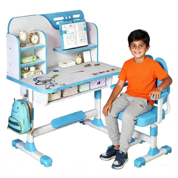YNCE Kids Desk Functional & Adjustable Chair Set, Height Adjustable Children School Study Table Chair Set with Cartoon Pattern, Storage,Drawers,Bookshelf,Kids Desk Table