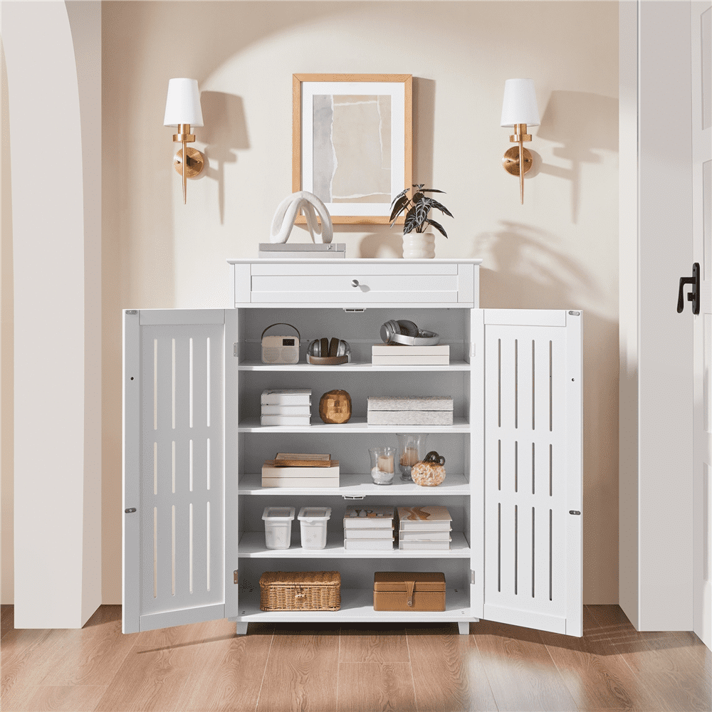 Renwick 5-Tier Wooden Adjustable Shoe Storage Cabinet with Drawer and Louvered Door, White
