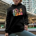 thumbnail image 2 of Pre-K Vibes with Flowers, Prekindergarten School Teacher Themed, Groovy Retro Wavy Text Merch Gift, Black Hooded Sweatshirt or Hoodie, Medium, 2 of 5