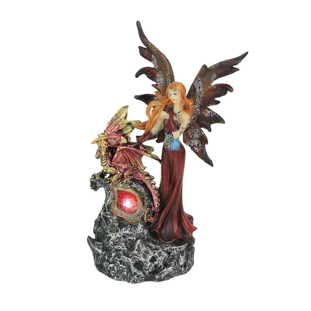 Ruby Red Fairy And Dragon LED Lighted Geode Resin Statue 8.5 Inches High