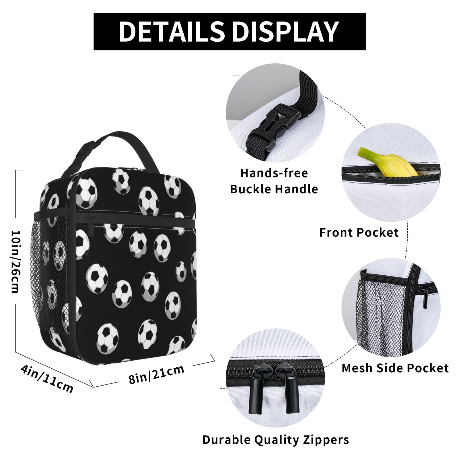 Lunch Bag For Women Men Insulated Portable Lunch Box Bento Box Office Picnic Travel Cooler Bag Seamless Pattern Soccer Football