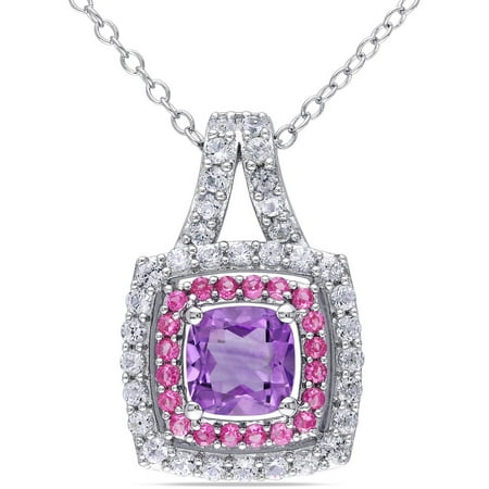 Tangelo 1-3/4 Carat T.G.W. Created Pink and Created White Sapphire with Amethyst Sterling Silver Double Halo Pendant, 18