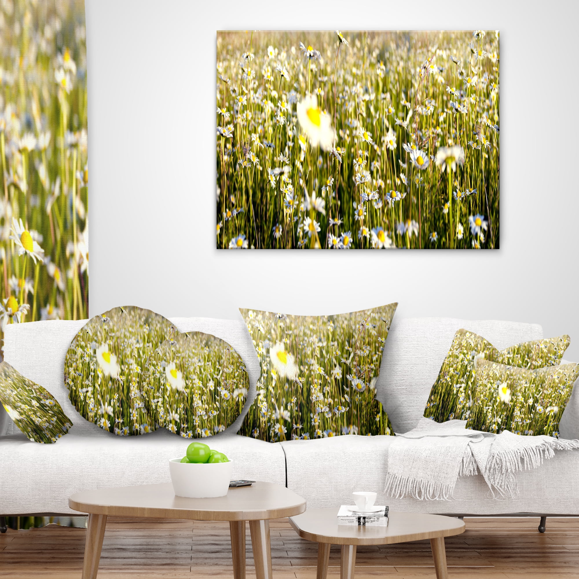 Designart Wild Chamomile Flowers Field - Flower Throw Pillow - 16x16