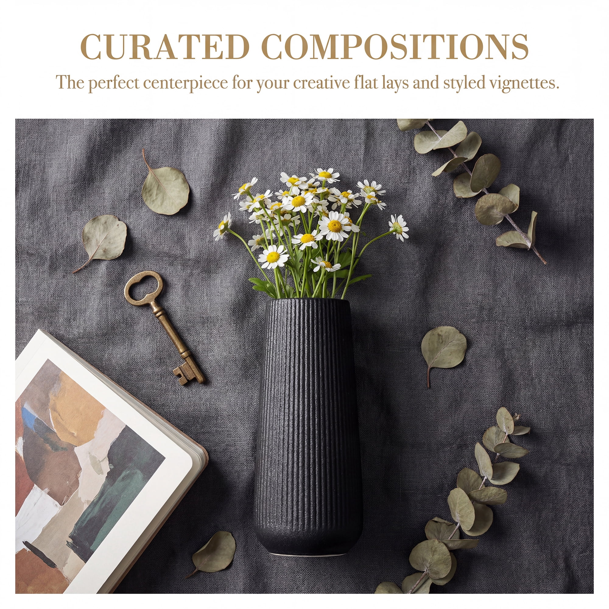 Unique Bargains Ribbed Ceramic Vase for Flowers Matte Black 3.5"L x 3.5"W x 7.9"H