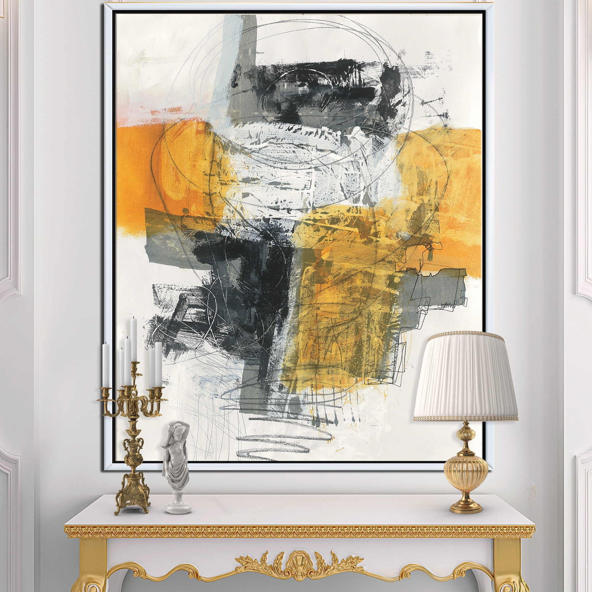 Designart ' Abstract Composition of Glamorous Yellow and Black ' Contemporary Framed Canvas