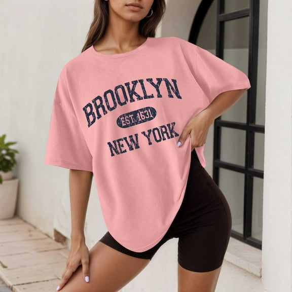 Women's Oversized Graphic Tee Casual Loose Fit Short Sleeve Round Neck Summer T-Shirt Comfortable Soft Blend Top