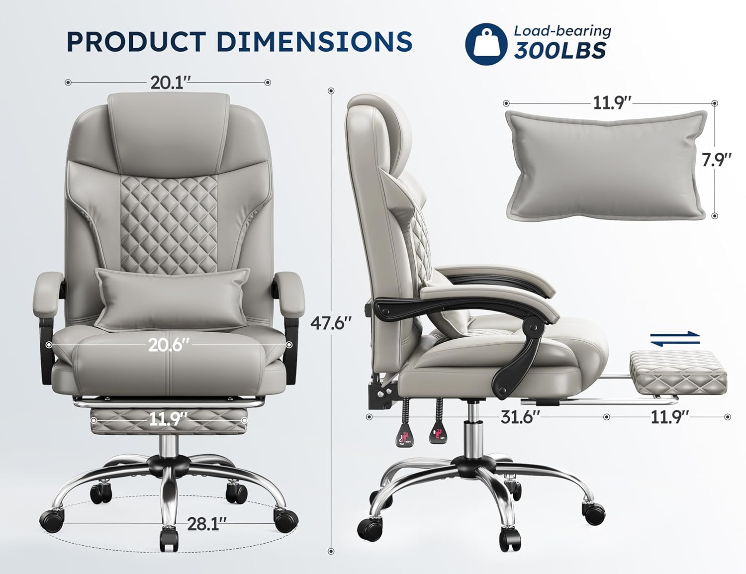 Office Chair with Retractable Footrest, Ergonomic High Back Design Executive Computer Desk Chair with Removable Lumbar Pillow,90-145°Reclining Thick Bonded Leather for Home Office Work,Black