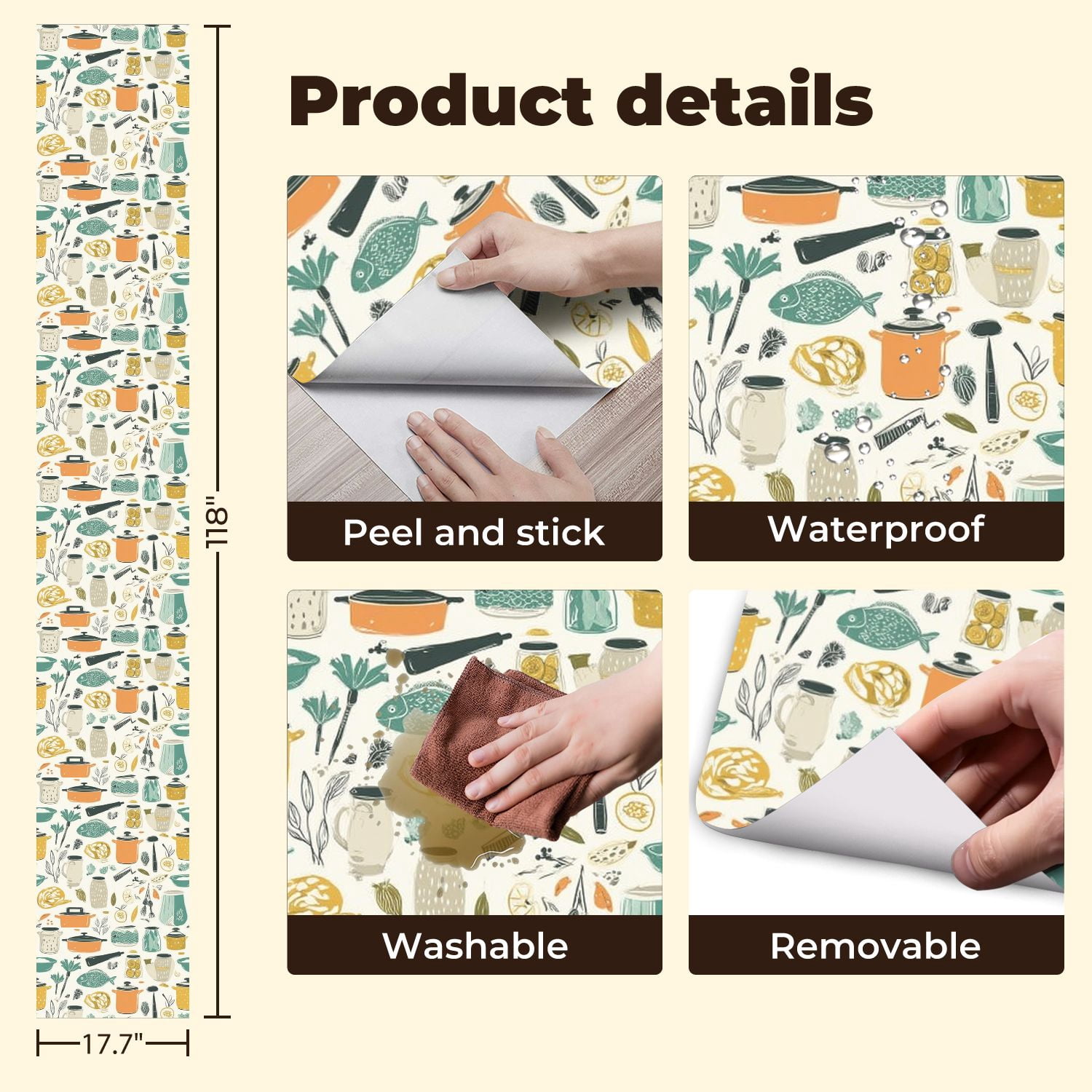Peel and Stick Wallpaper 17.7in x 9.8ft Kitchen Utensils Food Ingredients Warm Tones Contact Paper Vinyl Self-Adhesive Removable Wall Paper for Bedroom DIY Home Decor Renter Friendly