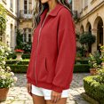 thumbnail image 3 of Waffle Full Zip Up Sweatshirt Women No Hood - Oversized Loose Casual Long Sleeve Collared Jacket 2026 Fall Winter Clothes, Red, L, 3 of 5
