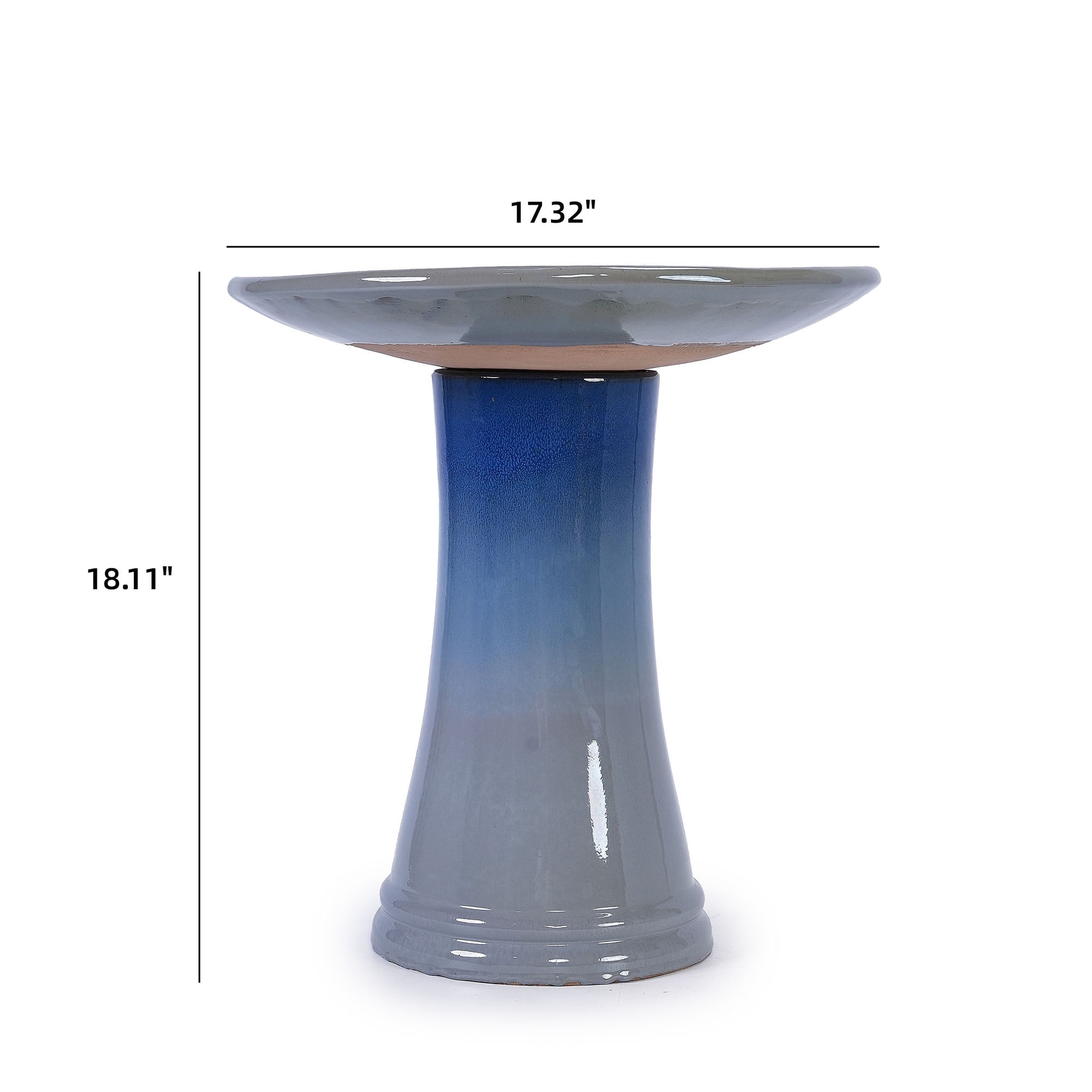 CQSXDA 17" Ceramic Pedestal Birdbath, Blue Gray Ombre Floral Pattern, Outdoor Garden Decor