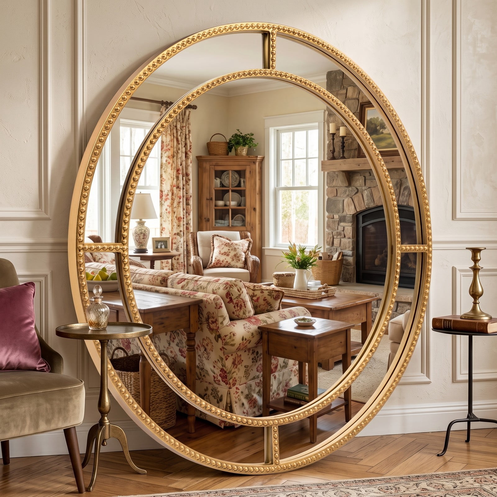 ALPULON 28 Inch Round Wall Mirror with Gold Beaded Metal Frame, HD Distortion-Free Decorative Hanging Mirror for Living Room Bedroom Entryway Bathroom, Gold